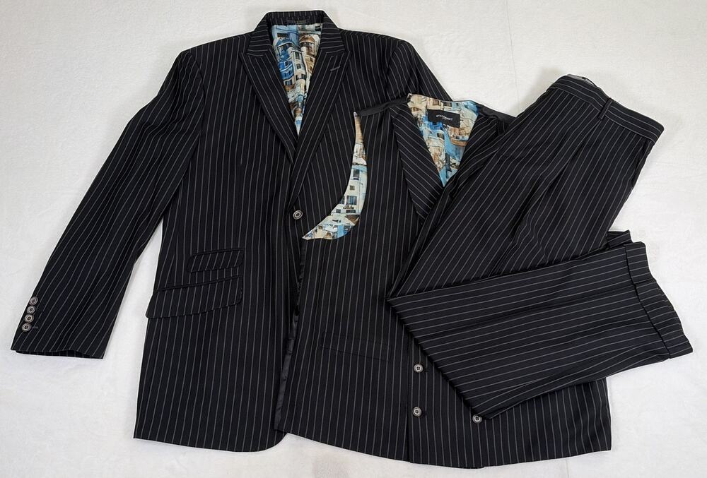 Statement Italy Super 150's Men's 3 PC Striped Pattern Black Suit Size 42L x 36L